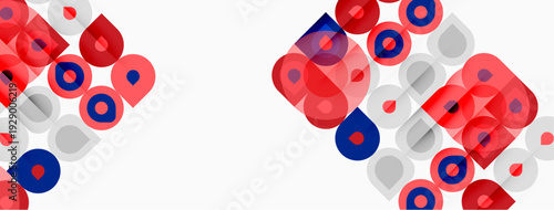 Abstract pattern features overlapping circles, squares. Red, blue, gray hues create dynamic visual texture. Minimalist design, modern aesthetic.