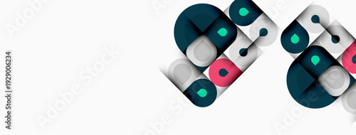 Abstract geometric shapes overlap, creating dynamic visual pattern. Teal, gray, pink hues dominate clean white background.