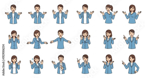 Diverse group of people in business attire expressing various emotions and gestures.