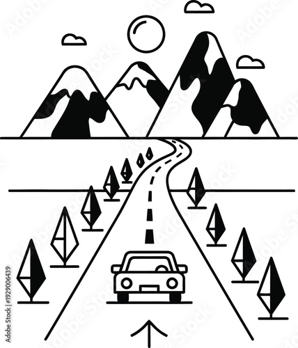 A car drives on a winding road through trees towards snowy mountains under a sunny sky, illustration, wqe (147) scene.