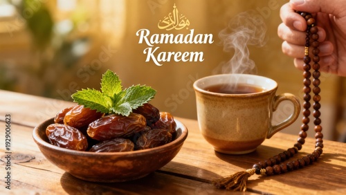 Dried Medjool dates in a ceramic bowl topped with mint leaves are served with hot tea and wooden prayer beads during a holy month.