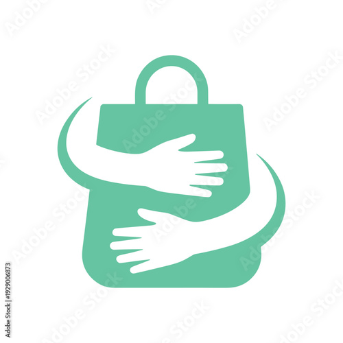 Green shopping bag with two white hands embracing it tightly from the sides