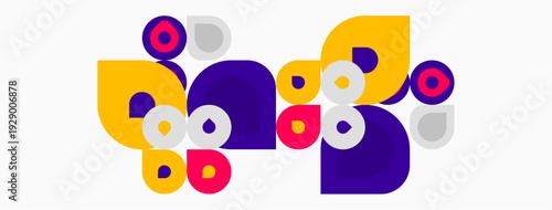 Abstract composition featuring colorful circles, ovals, shapes. Purple, yellow, pink hues dominate white background. Modern design.