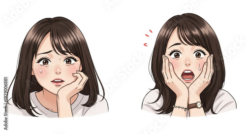 Two anime style portraits of a young woman expressing different emotions of worry and shock.
