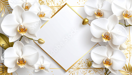 White orchid flowers gold frame with ornate pattern