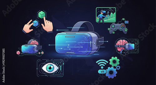 Virtual Reality Headset with Futuristic Interface and Digital Elements.