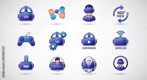 Collection of virtual reality icons representing immersive digital experiences and technological advancements.