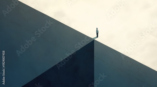 Isometric view faceless figure standing on edge of concrete isosceles triangle, minimalistic clean background soft lighting