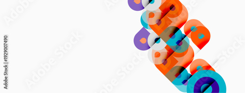 Abstract colorful shapes overlap, creating dynamic visual composition. Bright hues contrast against white background. Modern design.