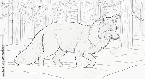 Coloring Page for Kids — Fox in Quiet Winter Woodland, Fur Texture and Natural Movement Study
