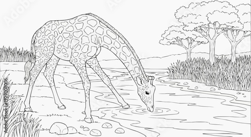 Coloring Page for Kids — Giraffe at River Edge, Elegant Proportions in African Landscape