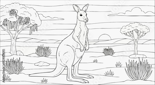 Coloring Page for Kids — Kangaroo in Australian Outback, Balance and Character of a Marsupial