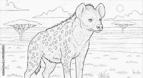 Coloring Page for Kids — Hyena on African Plain, Instinct and Alertness in the Wild