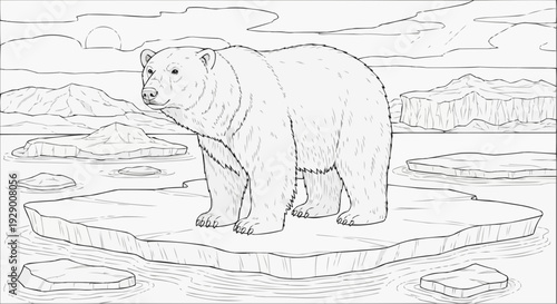 Coloring Page for Kids — Polar Bear on Arctic Ice Floe, Harsh Beauty of the Northern Wild