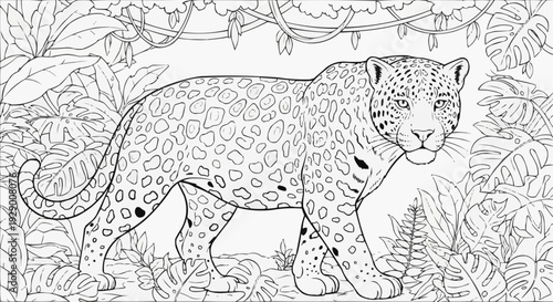 Coloring Page for Kids — Jaguar in Tropical Rainforest Shadows, Silent Power of the Jungle