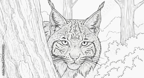 Coloring Page for Kids — Lynx Hidden in Deep Taiga Forest, Silent Grace of a Wild Hunter