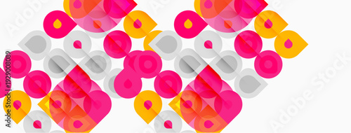 Abstract pattern features overlapping circles, squares, varying hues pink, orange, gray. Simple geometric shapes create dynamic visual texture.