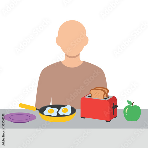 Breakfast Meal Preparation Featuring Eggs Toast and a Fresh Apple on a Counter