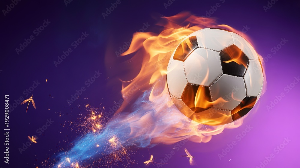 Naklejka premium Dynamic Flame Soccer Ball for 2026 Football World Cup Promotional Material with Vibrant Purple Background and Sparkling Effects