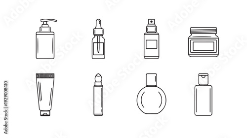 Cosmetic Bottles Icons Set Various Containers for Skincare Products Line Art Style