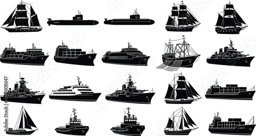 Collection of Maritime Ship Silhouettes Including Cargo Vessels, Cruise Liners, Naval Warships, Sailboats, and Industrial Offshore Ships in Detailed Vector Illustration Set