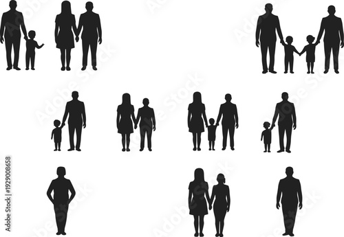 Family silhouette collection vector illustration, parents and children standing together flat black design set isolated on white background