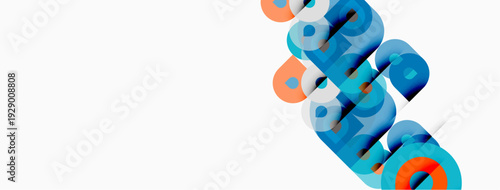 Abstract graphic design features overlapping colorful shapes forming text. Minimalist style with blue, orange hues on white background.