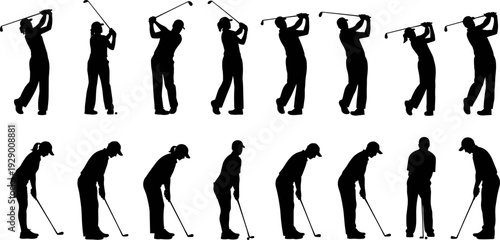 Golfer Silhouettes Collection Featuring Various Strokes and Poses for Sports, Fitness, and Golfing Illustrations