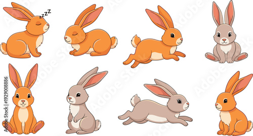 Cute Cartoon Rabbit Characters Set Featuring Different Poses, Emotions, and Actions for Children’s Books, Educational Materials, Stickers, and Animation Design