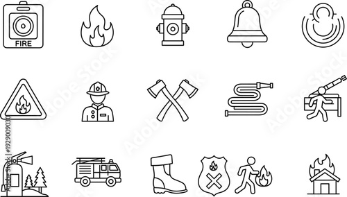 Fire Safety Line Icon Set Including Alarm, Extinguisher, Hydrant, Firefighter, Hose, Truck, and Emergency