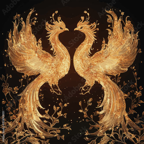 Two magnificent phoenixes, crafted from translucent glass and embellished with gold accents, stand majestically on a dark backdrop. , vector style simple color