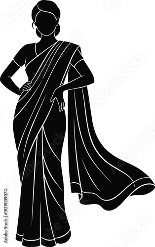 Indian woman saree silhouette vector illustration, traditional ethnic female fashion flat black design isolated on white background