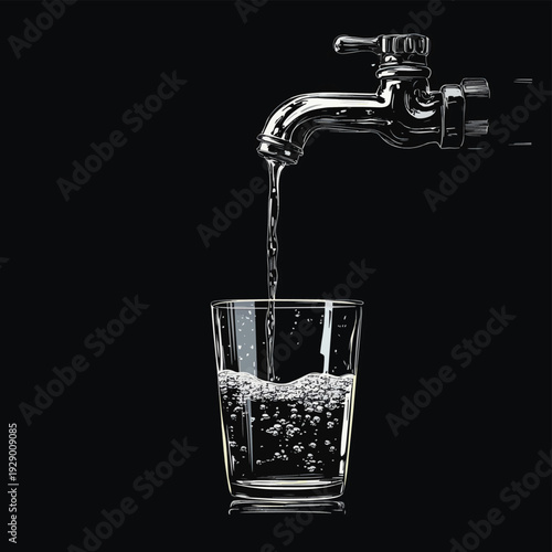 Dripping faucet pouring a single water droplet into a clear glass against a stark black background, symbolizing conservation and scarcity. , vector style simple color