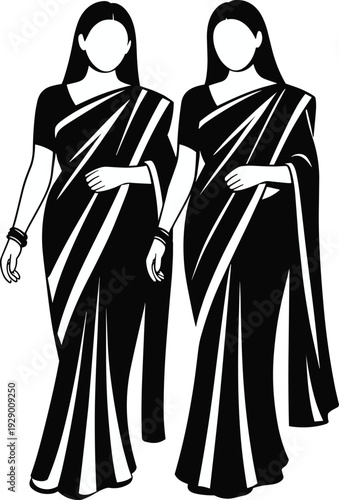 Indian women saree silhouette vector illustration, traditional ethnic female fashion clothing flat black design isolated on white background