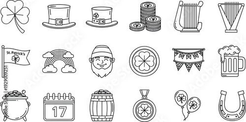 Saint Patricks Day Icon Set Featuring Shamrock, Leprechaun Hat, Coins, Rainbow, Beer Mug, Harp, and Festive Irish Celebration Symbols Vector Collection