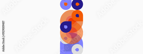 Abstract composition featuring stacked circles. Orange, purple hues dominate neutral background. Minimalist design, playful geometry present.
