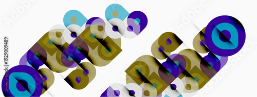 Abstract design features layered text elements. Colors include blue, gold, gray, purple. Composition appears dynamic, modern.