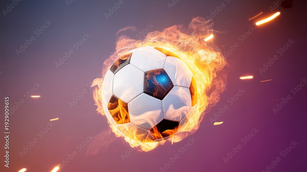 Fototapeta premium Fiery Soccer Ball in Motion for 2026 Football World Cup with Dynamic Flames and Vibrant Color Gradient