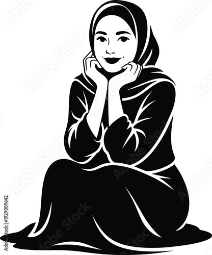 Muslim woman hijab silhouette vector illustration, modest Islamic female fashion flat black design isolated on white background