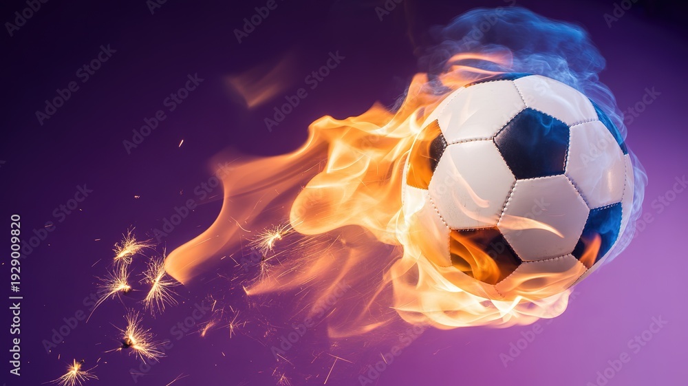 Naklejka premium Blazing Soccer Ball for 2026 Football World Cup with Dynamic Flames and Sparkles on Purple Background