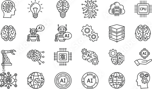 Artificial Intelligence and Technology Icons Set Featuring AI, Brain, Robot, and Computing
