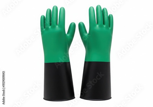 Pair of green and black protective rubber gloves displayed against a white background