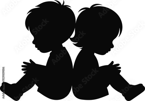 Twin children silhouette vector illustration, cute little kids sitting back to back flat black design isolated on white background