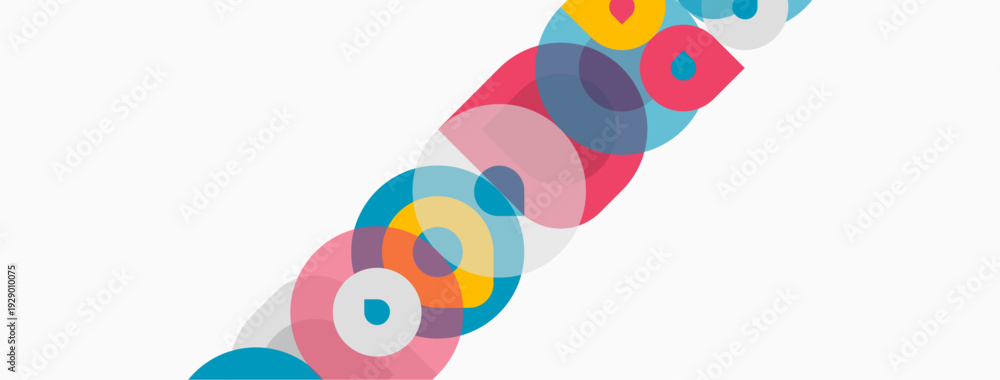 Fototapeta premium Abstract colorful circles overlap, creating dynamic visual pattern. Minimalist design with white background. Modern geometric shapes.