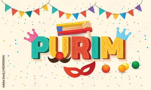 Happy Purim with 3d text design, Carnival masks Purim banner template design