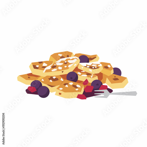 Stack of delicious waffles topped with fresh blueberries and powdered sugar, served with a fork for a delightful breakfast or dessert
