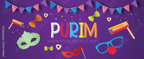 Happy Purim with 3d text design, Carnival masks Purim banner template design