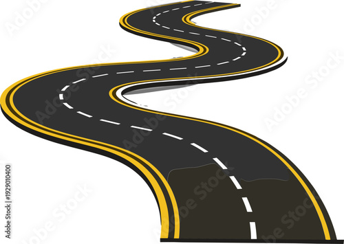 Winding Road Icon with Yellow Lane Markings for Travel, Navigation, and Route Design
