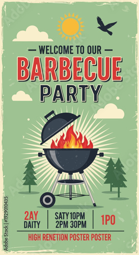 Vintage Barbecue Party Poster with Retro Grill Illustration