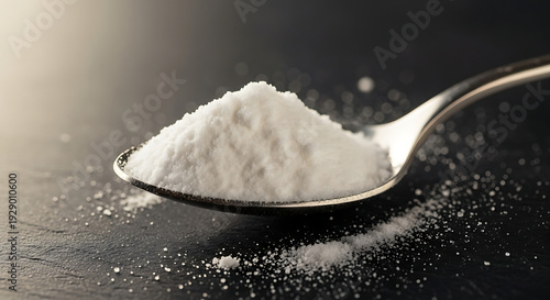 A spoonful of white powder, possibly baking soda, on a dark textured surface